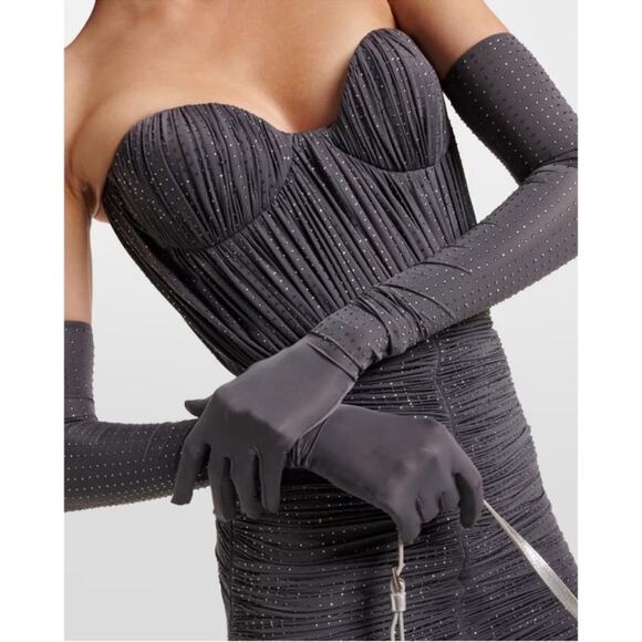 Alex Perry Strapless Sweetheart Ruched Crystal Jersey Iron Gray Midi Dress Sz 4 - Picture 5 of 13